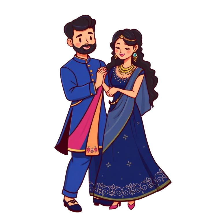 Illustration of the couple at the Sangeet ceremony